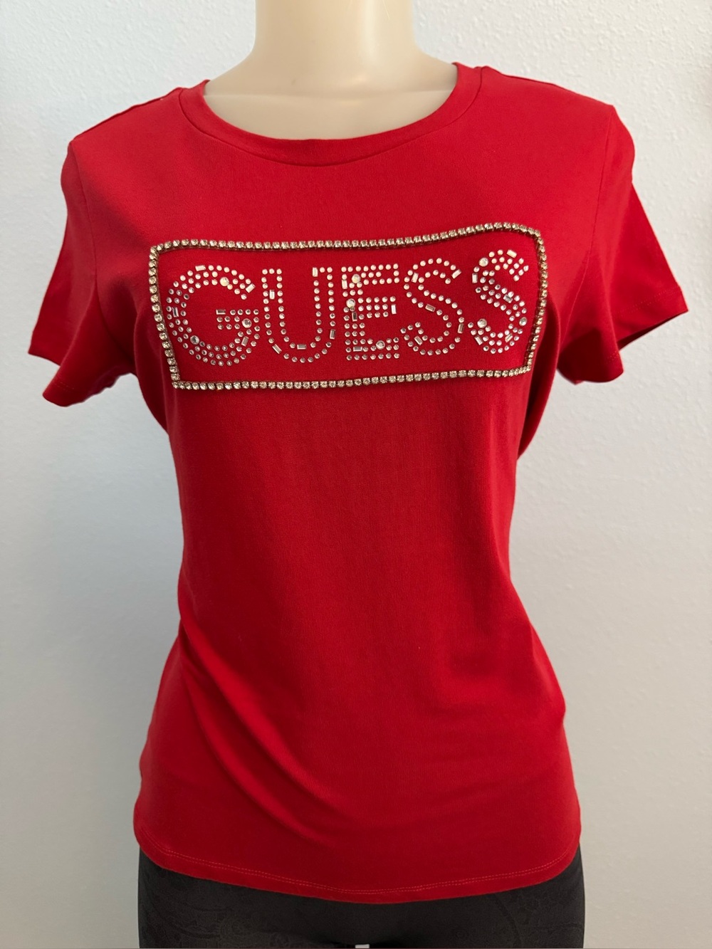 GUESS Red Crystal Logo Short Sleeve Tee. Size: Large. New with tags.